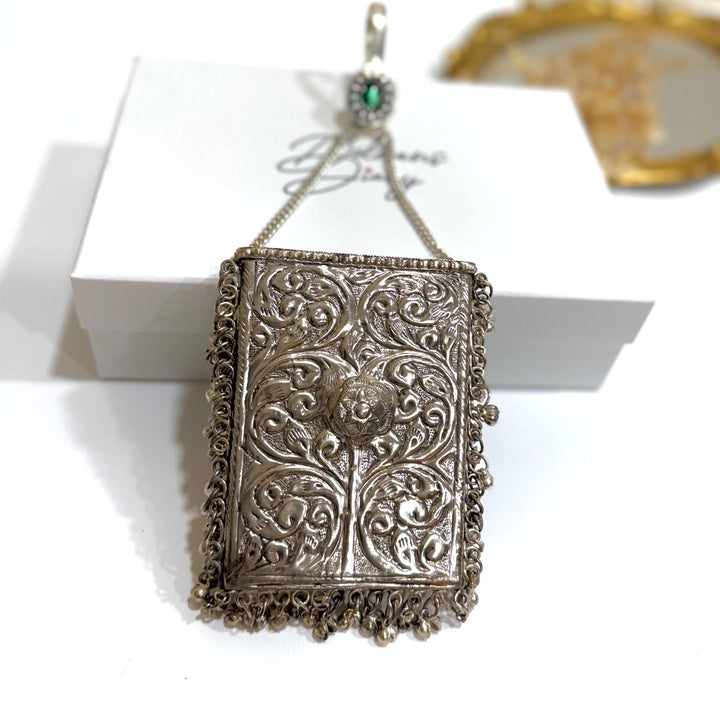 Mobile Shape Silver Clutch: Handmade Indian Brass Handbag with Emerald Pendant
