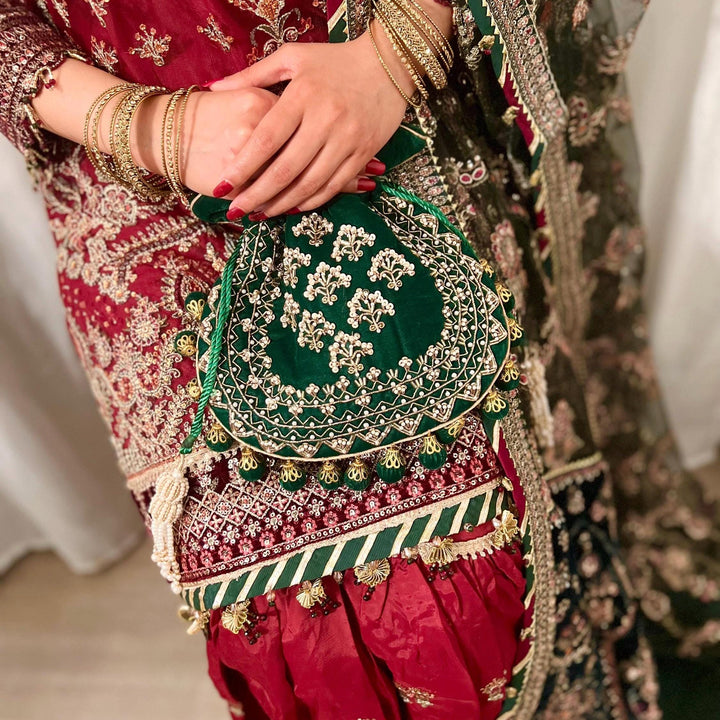 Green Velvet Potli Bag: Embroidered Indian Bridal Clutch