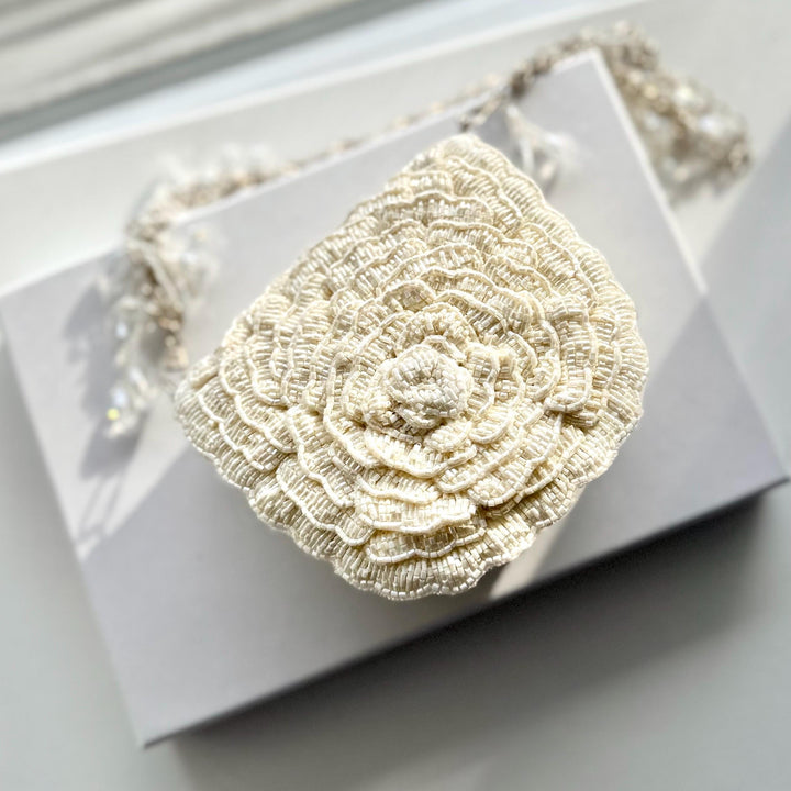 Ivory Beaded Bridal Clutch: 3D Flower Wedding Evening Bag