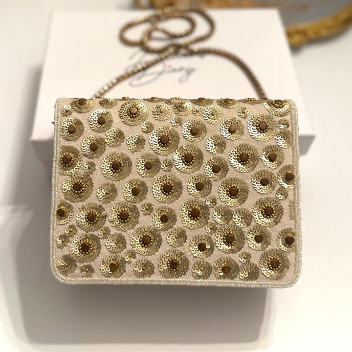 Ivory Suede Crossbody Clutch: Bridal Evening Bag with Gold Chain