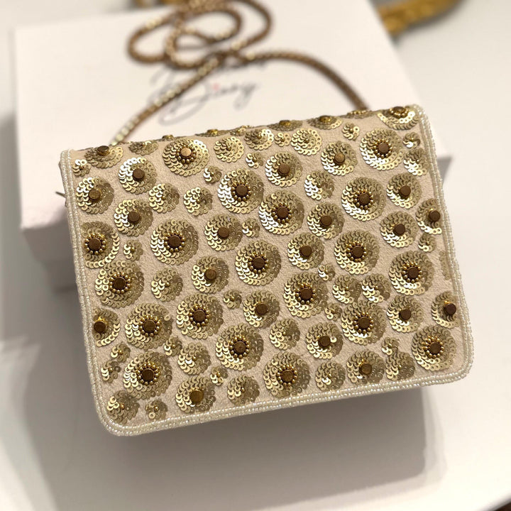 Ivory Suede Crossbody Clutch: Bridal Evening Bag with Gold Chain