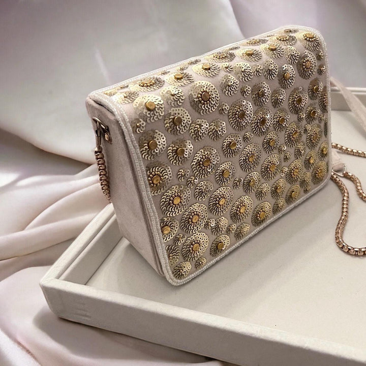 Ivory Suede Crossbody Clutch: Bridal Evening Bag with Gold Chain
