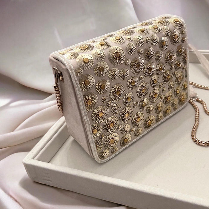Ivory Suede Crossbody Clutch: Bridal Evening Bag with Gold Chain