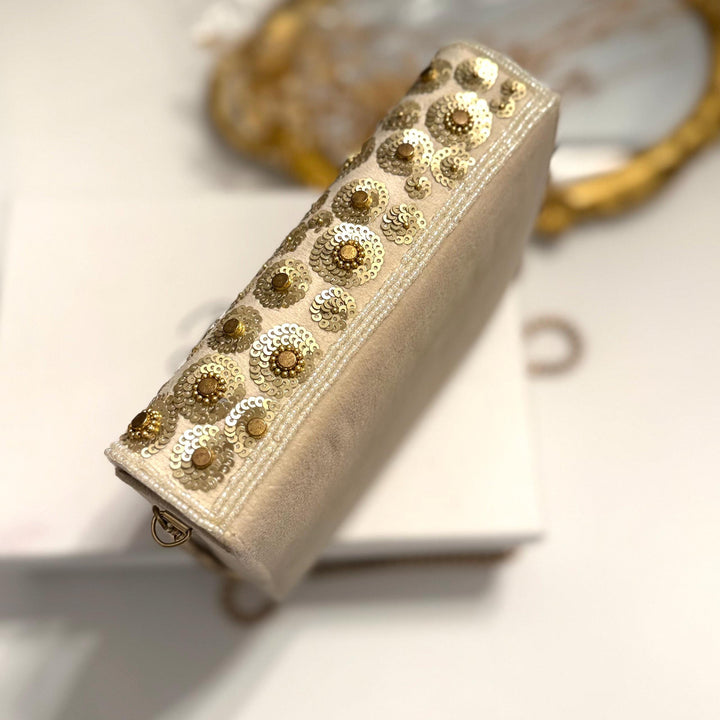 Ivory Suede Crossbody Clutch: Bridal Evening Bag with Gold Chain