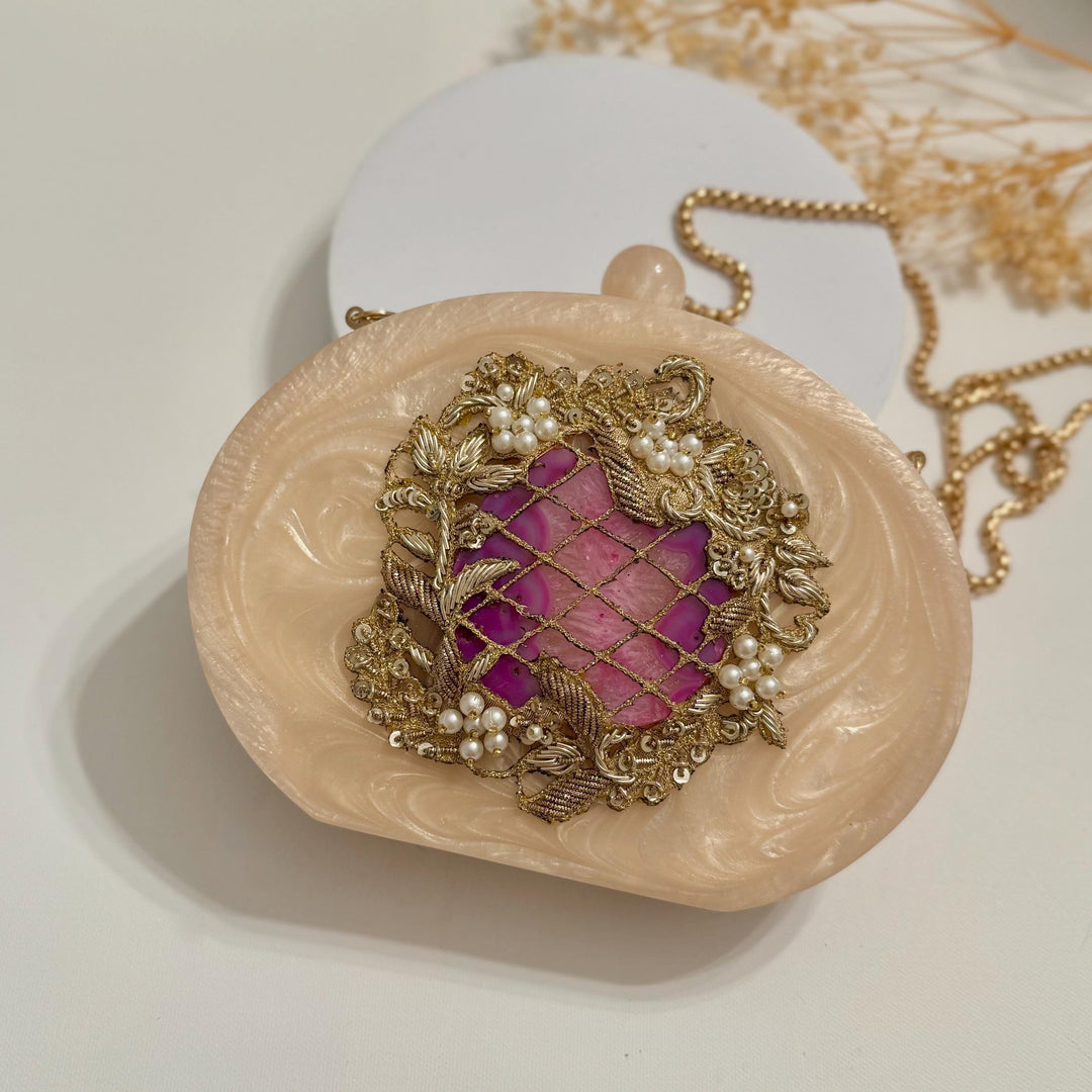 Purple Resin Bridal Clutch | Hand-Embroidered Evening Purse