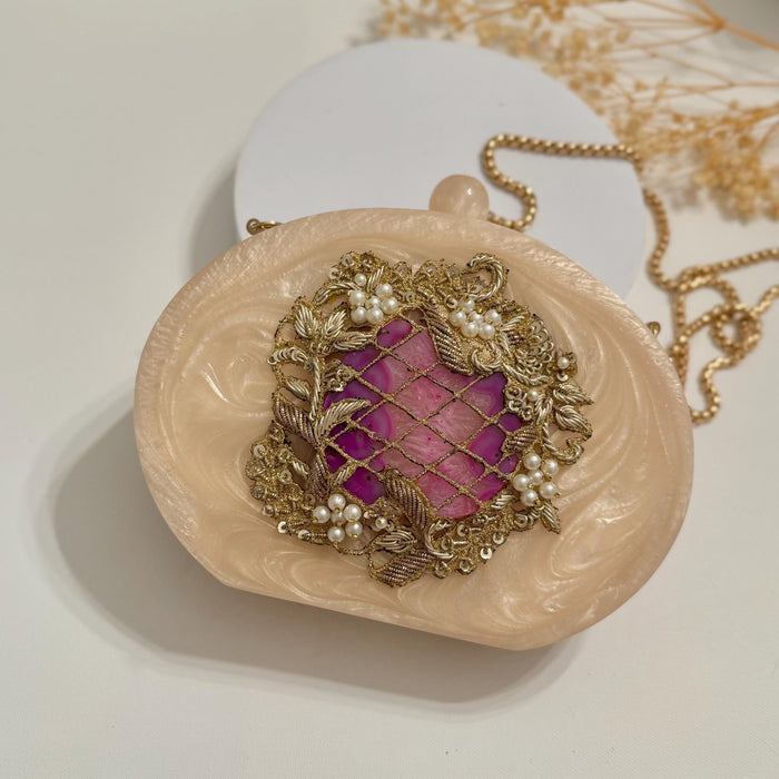 Purple Resin Bridal Clutch | Hand-Embroidered Evening Purse