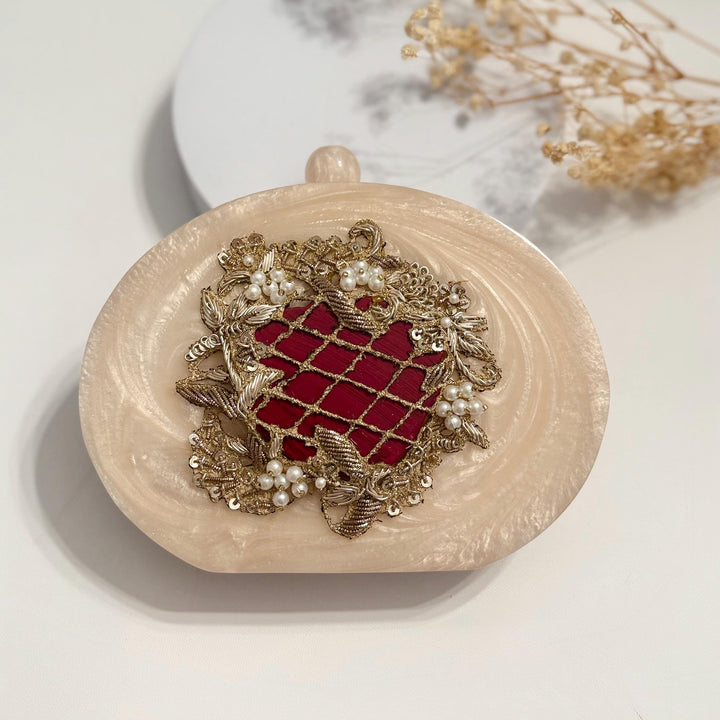 Maroon Bridal Clutch: Embroidered Resin Evening Bag