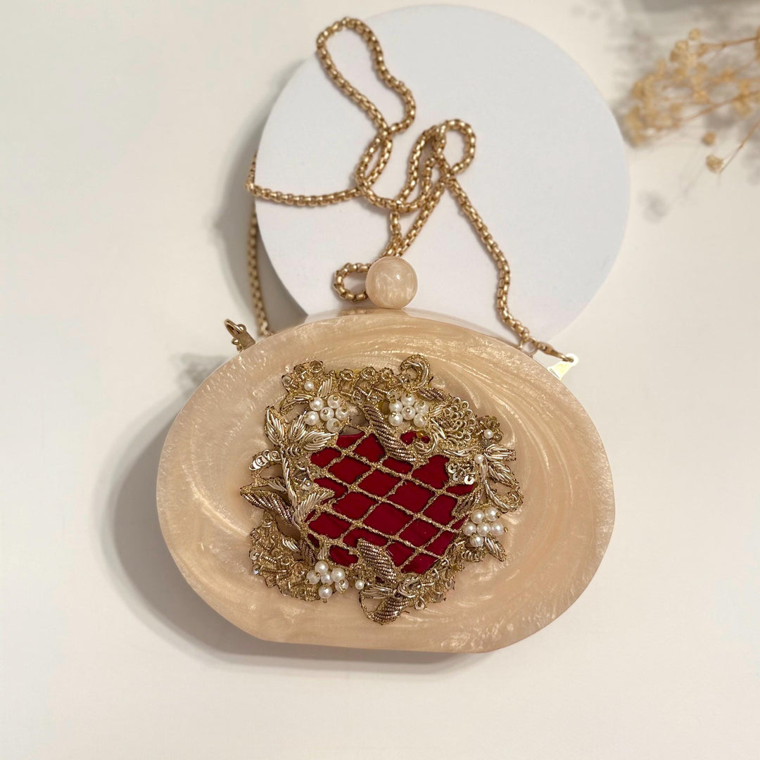 Maroon Bridal Clutch: Embroidered Resin Evening Bag