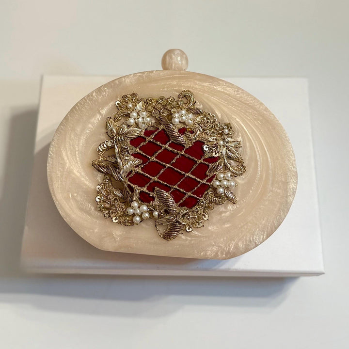 Maroon Bridal Clutch: Embroidered Resin Evening Bag
