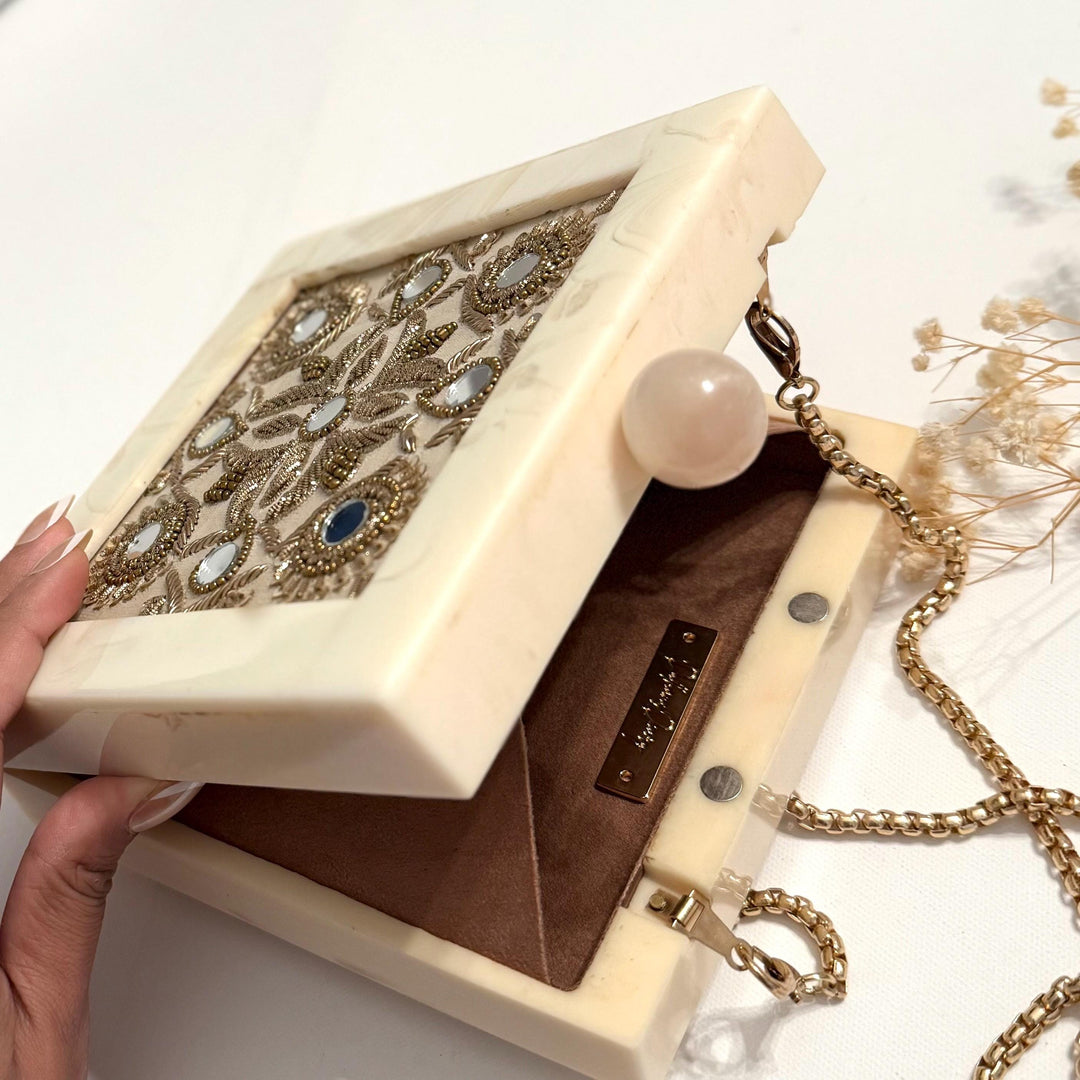 Mirror Work Bridal Clutch: Zardosi Beige Evening Bag