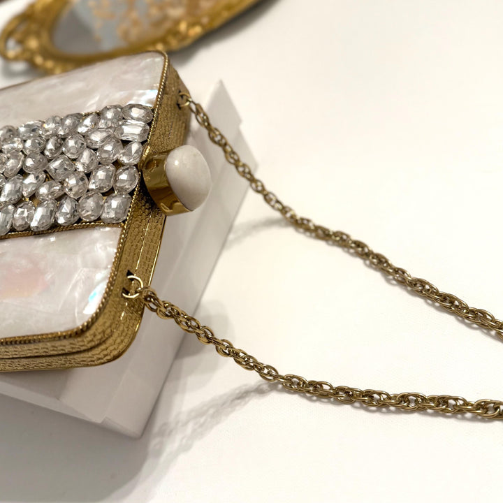 Gold Statement Clutch: Mother of Pearl & Crystal Evening Bag