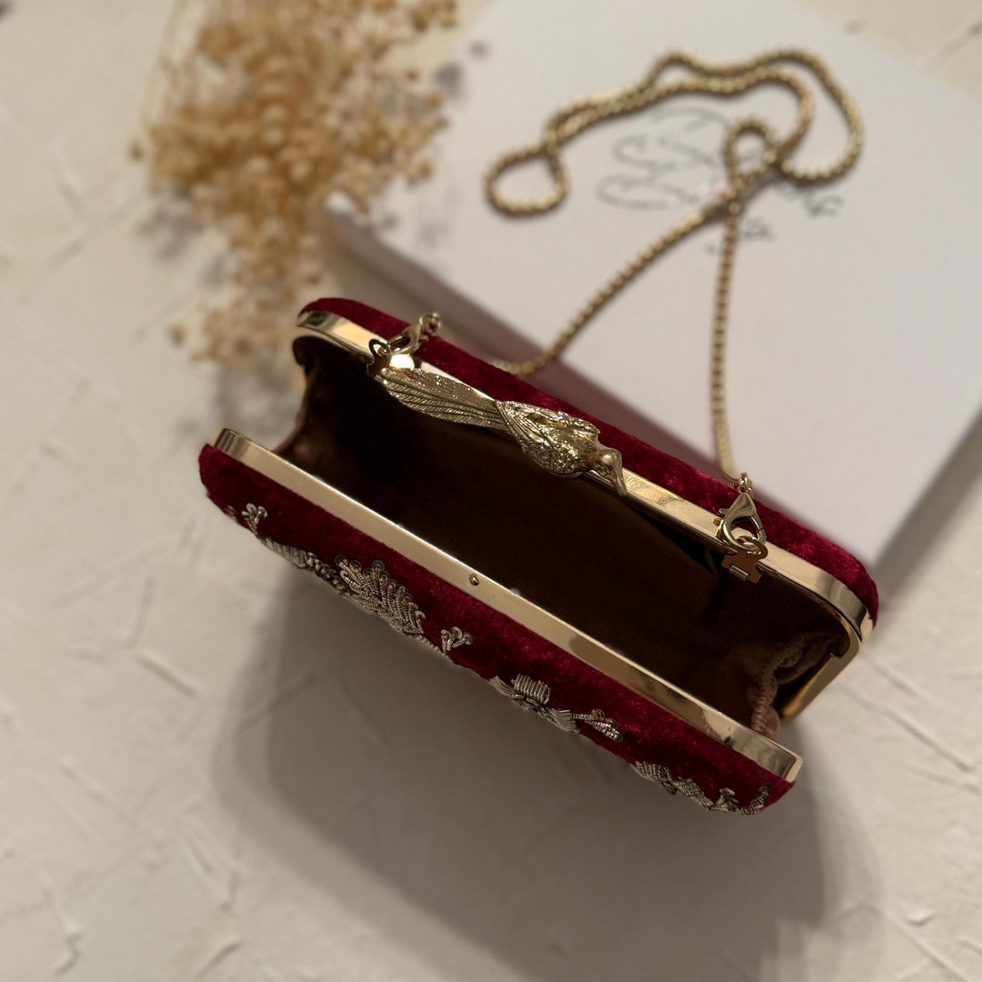 Maroon Velvet Bridal Clutch: Handmade Zardosi Indian Evening Bag