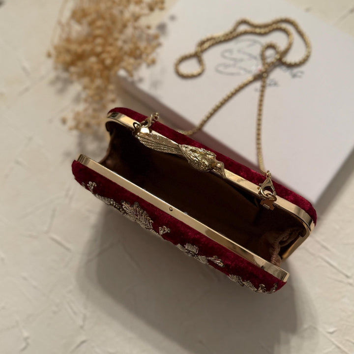 Maroon Velvet Bridal Clutch: Handmade Zardosi Indian Evening Bag