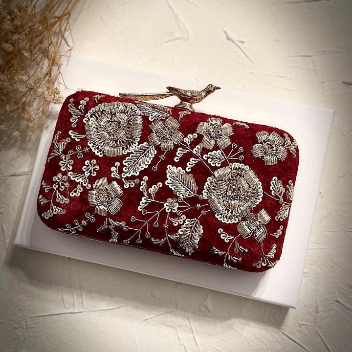 Maroon Velvet Bridal Clutch: Handmade Zardosi Indian Evening Bag