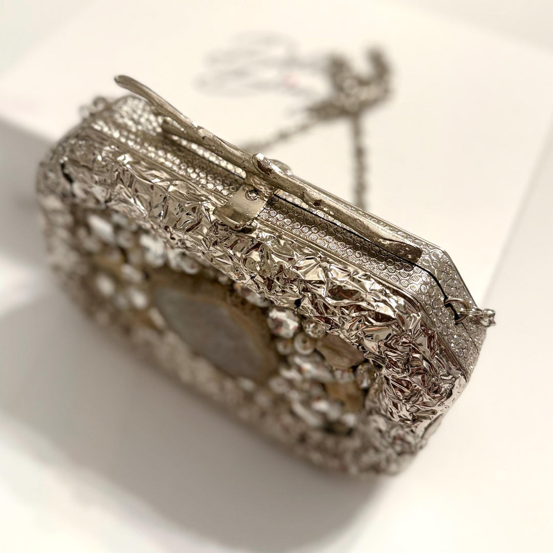Handmade Silver Bridal Clutch: Mother of Pearl & Crystal Evening Bag