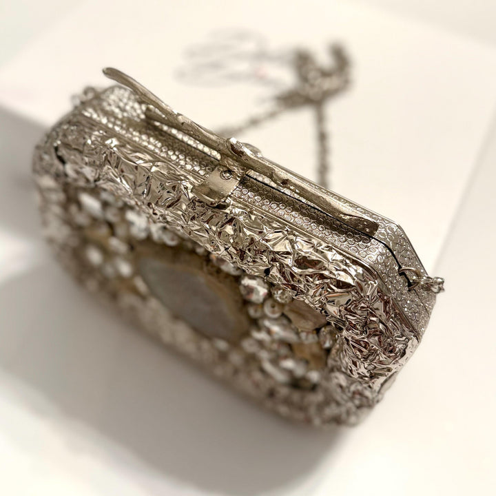Handmade Silver Bridal Clutch: Mother of Pearl & Crystal Evening Bag