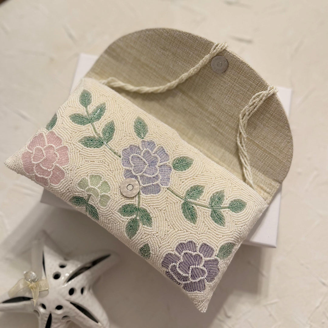 Handmade Beaded Floral Clutch: Ivory Raw Silk Evening Bag