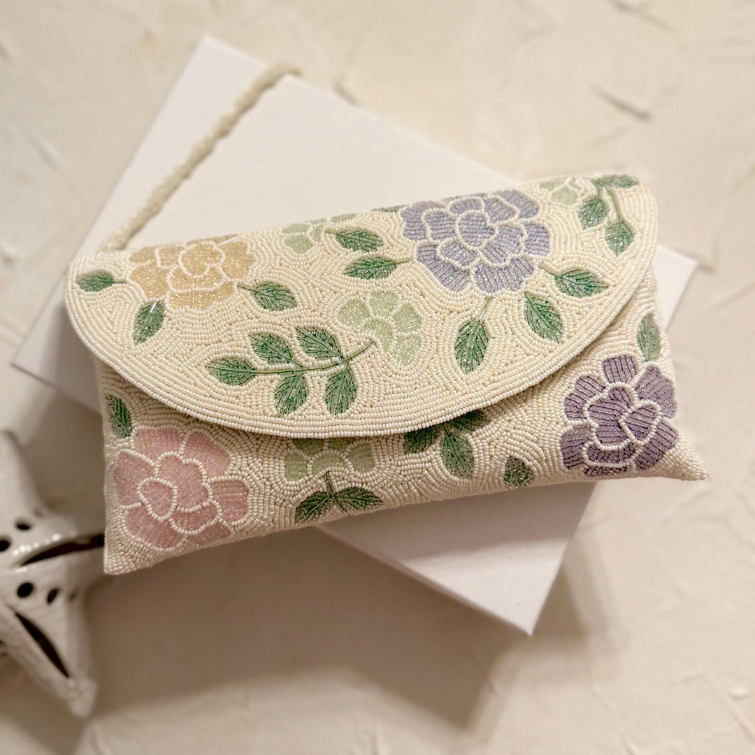 Handmade Beaded Floral Clutch: Ivory Raw Silk Evening Bag