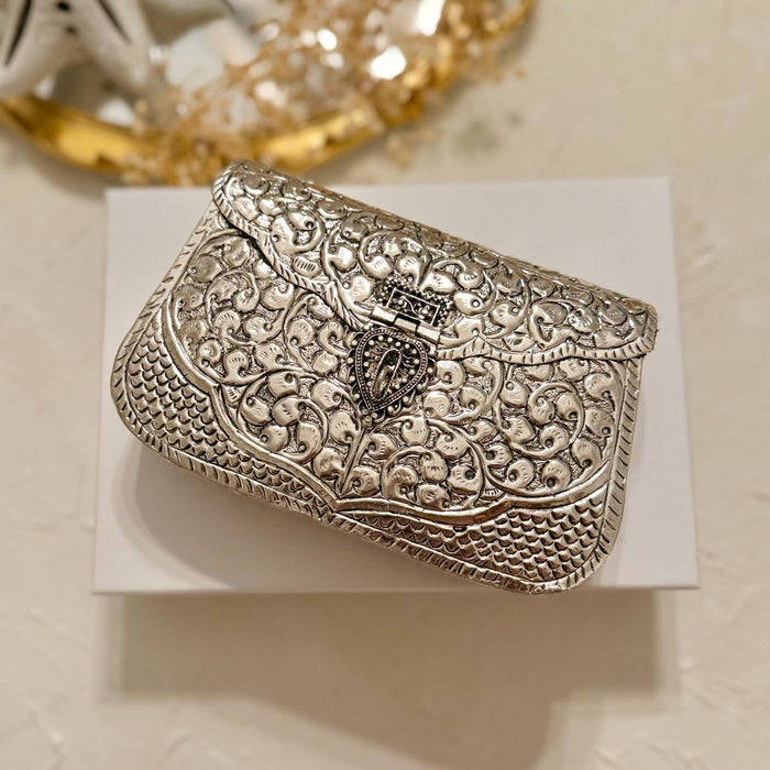 Handmade Silver Brass Clutch: Indian Vintage Style Handbag