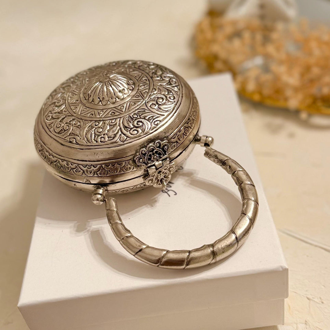 Silver Statement Clutch: Round Brass Mini Handbag with Velvet Lining