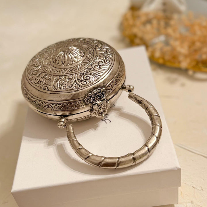 Silver Statement Clutch: Round Brass Mini Handbag with Velvet Lining