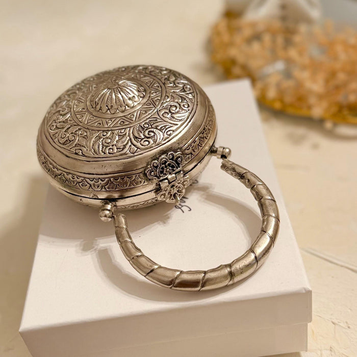 Silver Statement Clutch: Round Brass Mini Handbag with Velvet Lining