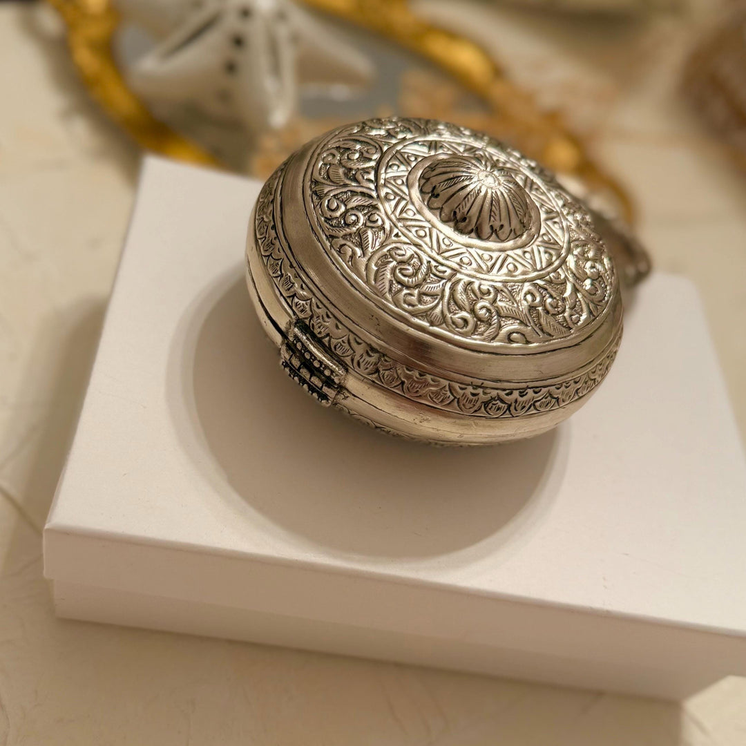 Silver Statement Clutch: Round Brass Mini Handbag with Velvet Lining