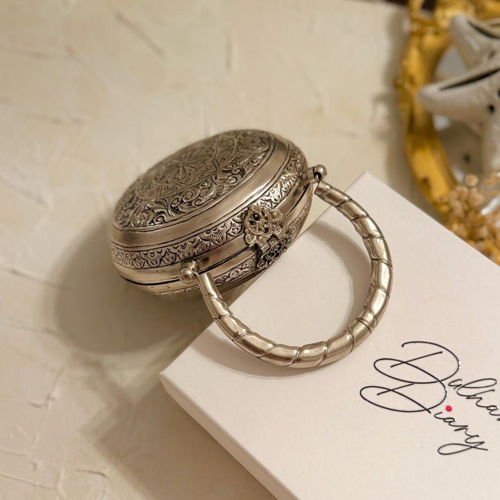 Silver Statement Clutch: Round Brass Mini Handbag with Velvet Lining