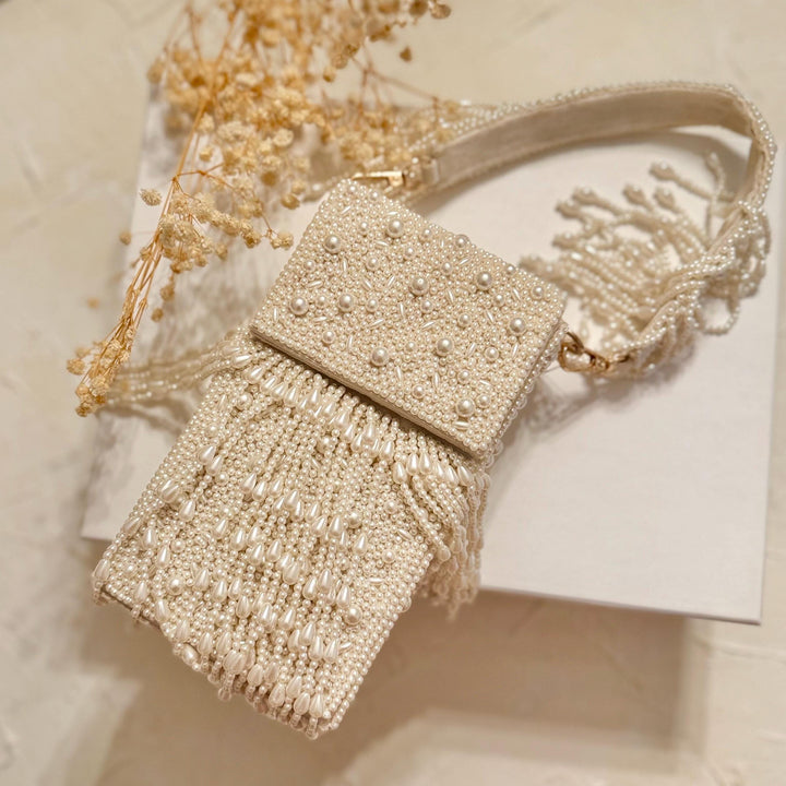 Ivory Beaded Mobile Clutch: Pearl Handle Bridal Purse