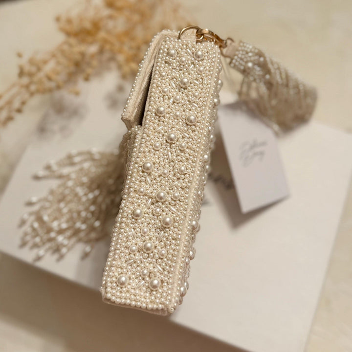 Ivory Beaded Mobile Clutch: Pearl Handle Bridal Purse