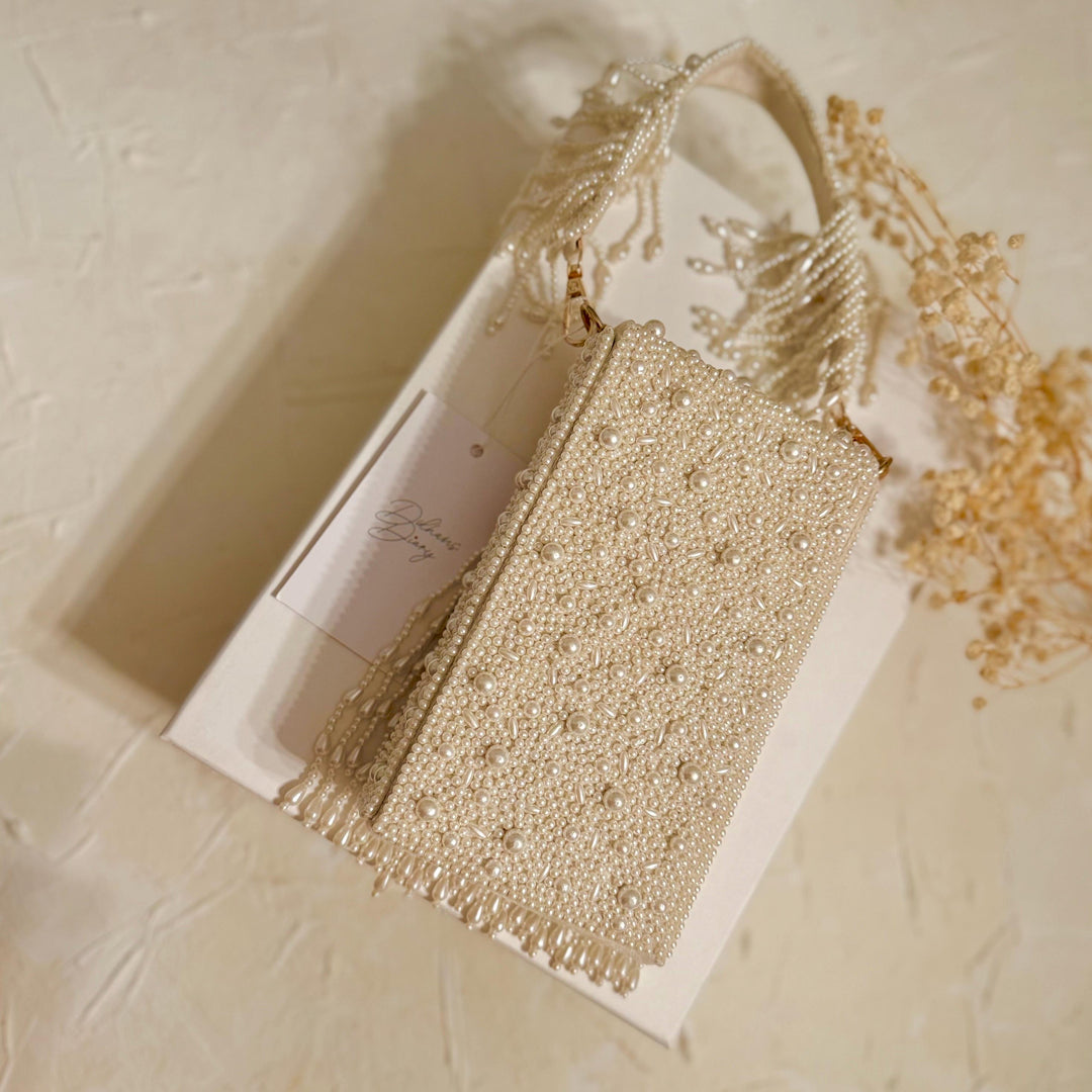 Ivory Beaded Mobile Clutch: Pearl Handle Bridal Purse