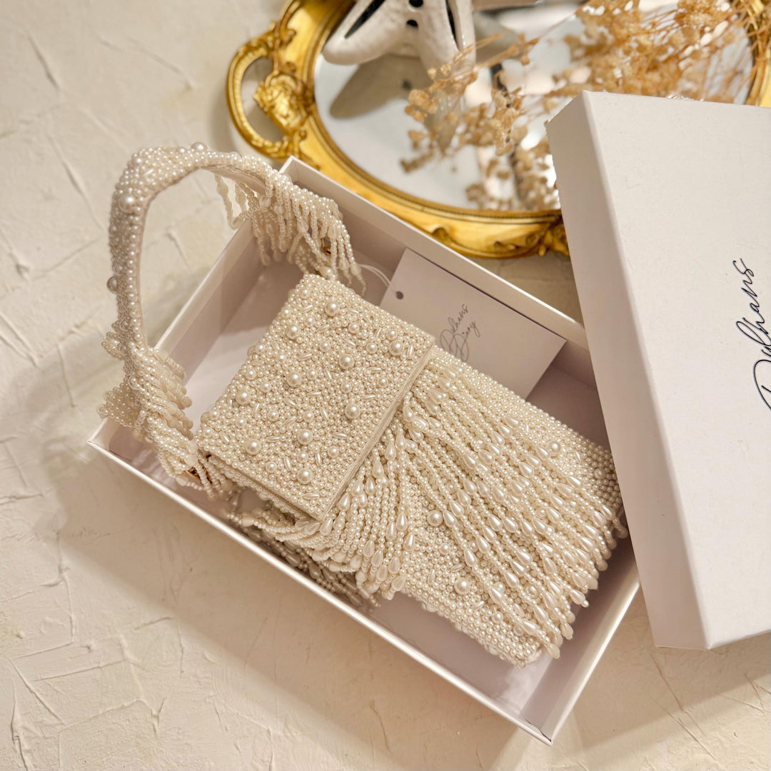 Ivory Beaded Mobile Clutch: Pearl Handle Bridal Purse