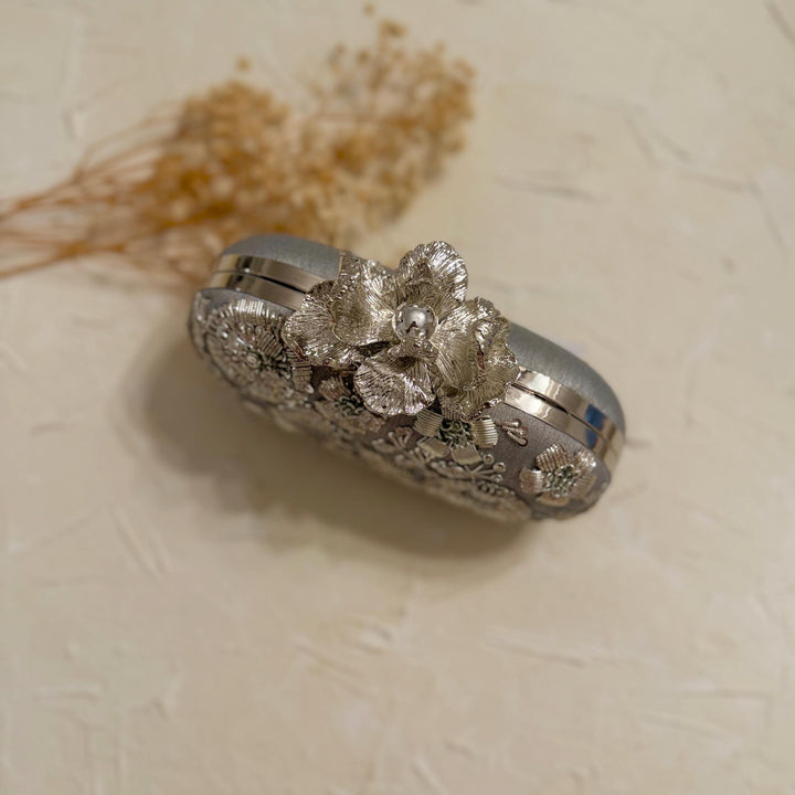 Silver Zardosi Clutch: Raw Silk Bridal Evening Bag