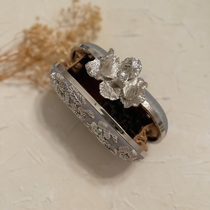 Silver Zardosi Clutch: Raw Silk Bridal Evening Bag