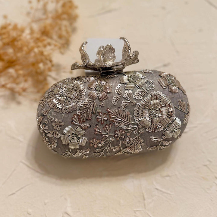 Silver Zardosi Clutch: Raw Silk Bridal Evening Bag