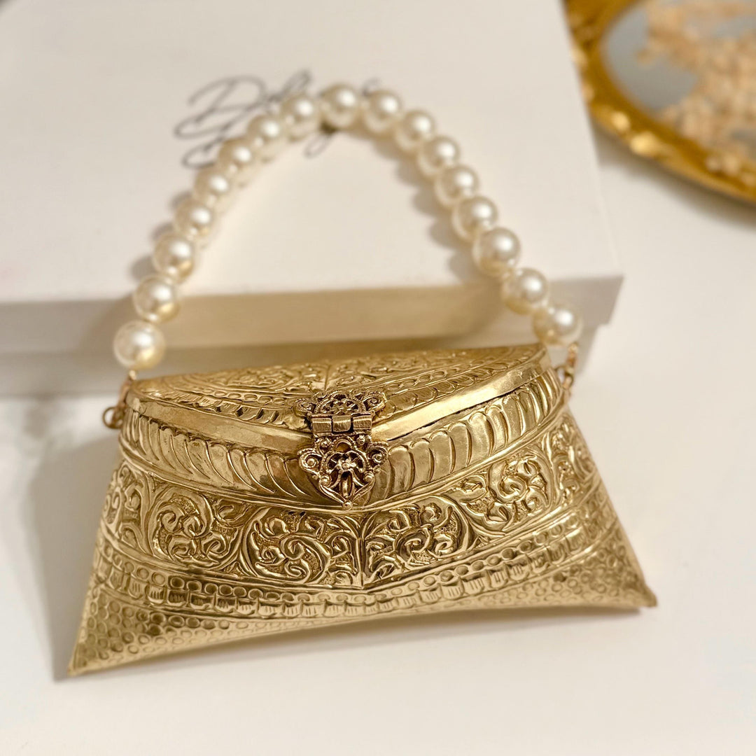 14k Gold Plated Brass Clutch: Vintage Style Top Handle Shoulder Bag