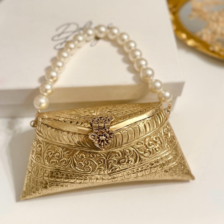 14k Gold Plated Brass Clutch: Vintage Style Top Handle Shoulder Bag