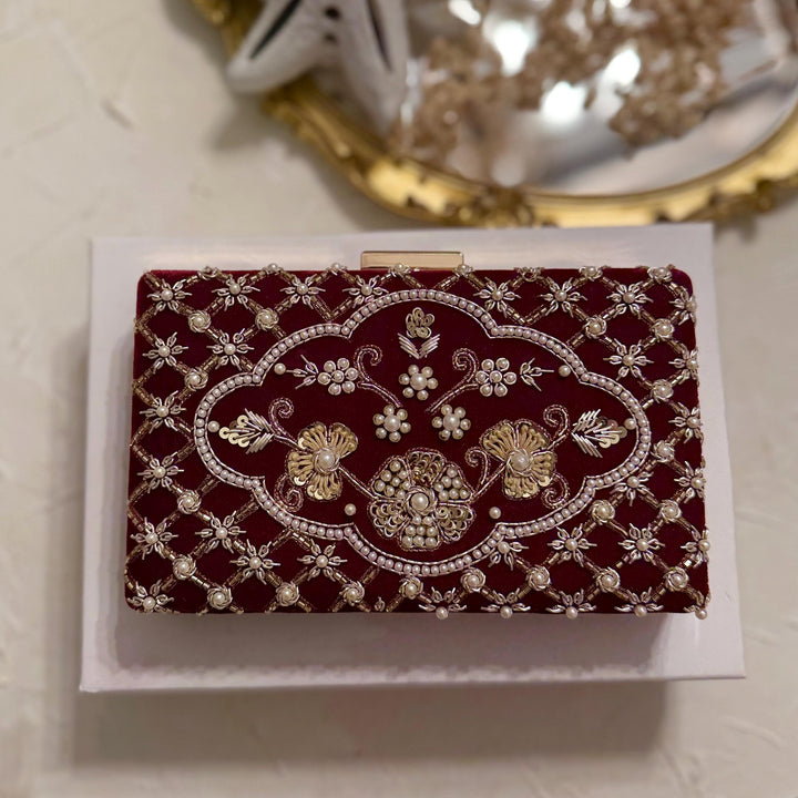 Maroon Velvet Clutch: Beaded Zardosi Indian Bridal Purse