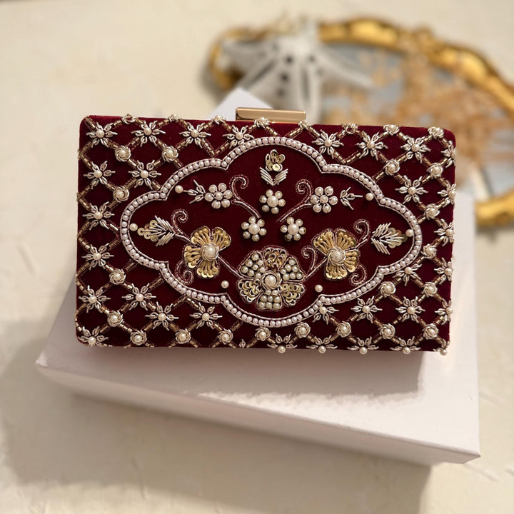 Maroon Velvet Clutch: Beaded Zardosi Indian Bridal Purse