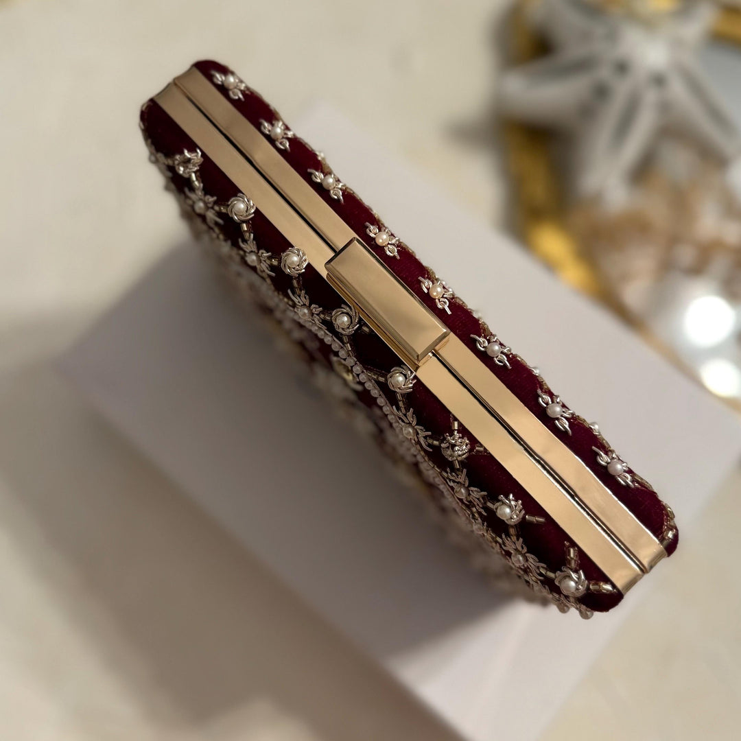 Maroon Velvet Clutch: Beaded Zardosi Indian Bridal Purse