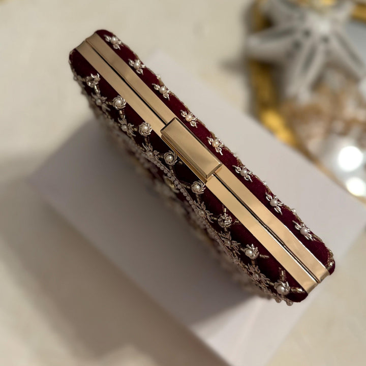 Maroon Velvet Clutch: Beaded Zardosi Indian Bridal Purse