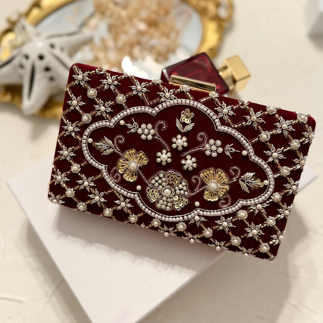 Maroon Velvet Clutch: Beaded Zardosi Indian Bridal Purse