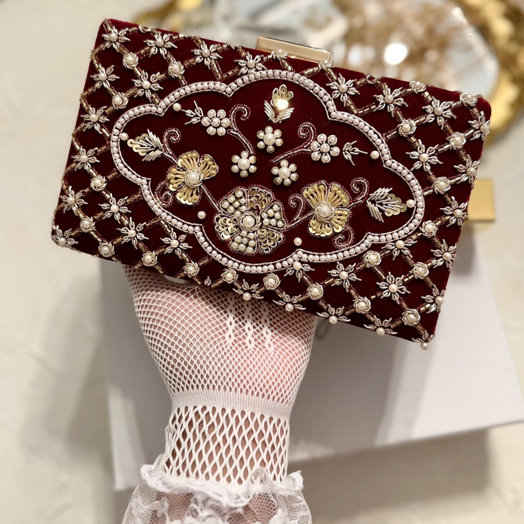 Maroon Velvet Clutch: Beaded Zardosi Indian Bridal Purse