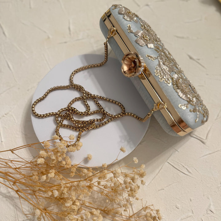 Powder Blue Bridal Clutch: Handmade Zardozi Indian Wedding Clutch