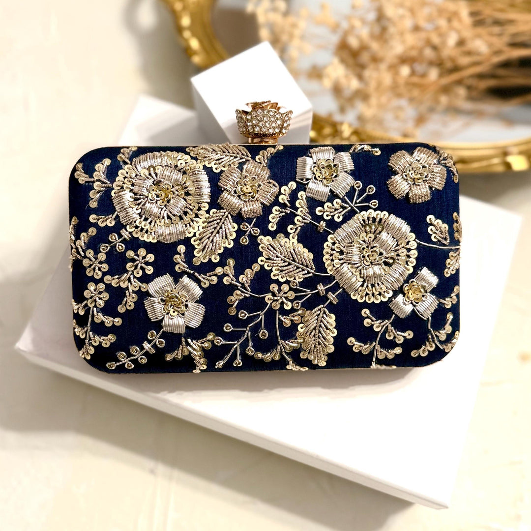 Zardozi Embroidered Midnight Blue Clutch: Handmade Indian Wedding Bag With Dual Tone Embroidery