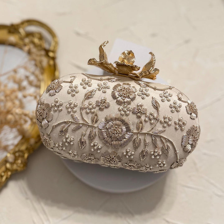 Ivory Bridal Clutch: Raw Silk Beaded Evening Bag with Pearl Flower Knob