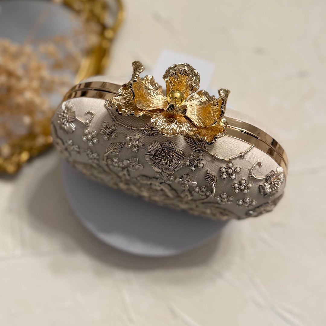 Ivory Bridal Clutch: Raw Silk Beaded Evening Bag with Pearl Flower Knob