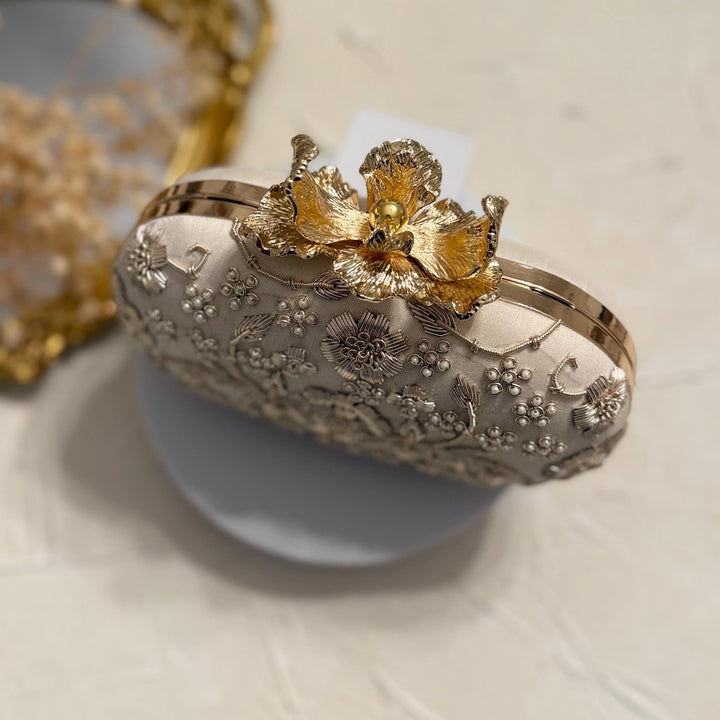 Ivory Bridal Clutch: Raw Silk Beaded Evening Bag with Pearl Flower Knob