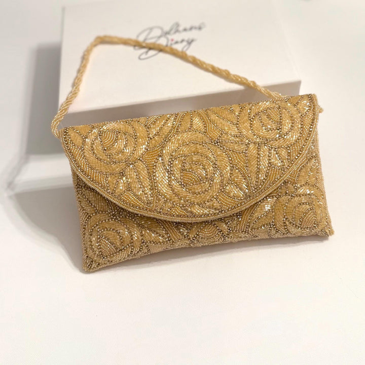 Handmade Gold Beaded Bridal Clutch: Floral Evening Bag