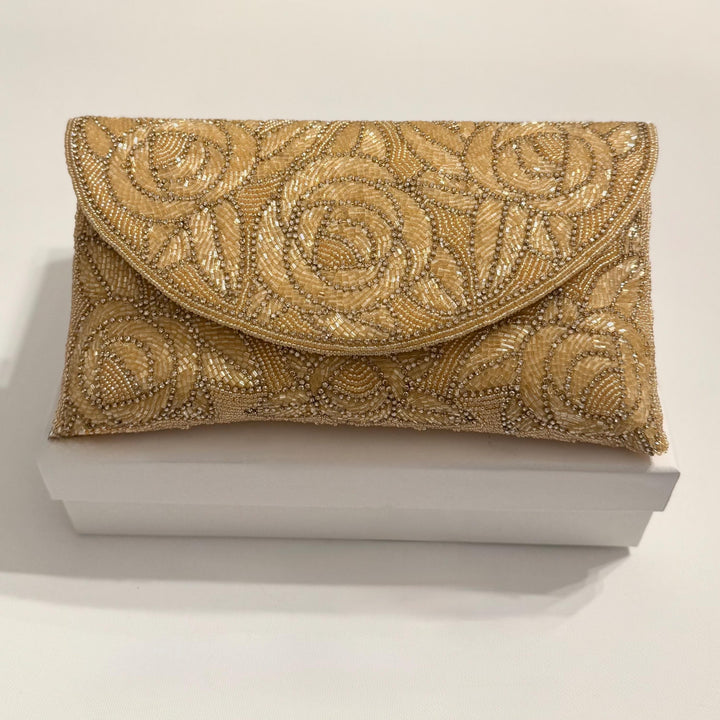 Handmade Gold Beaded Bridal Clutch: Floral Evening Bag